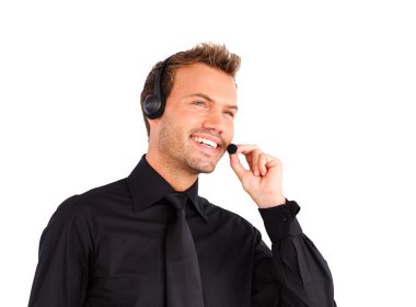 Customer service representative man talking on a headet clipart