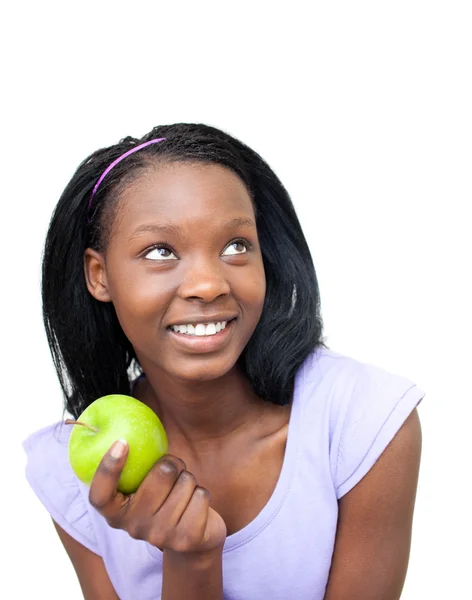 Roztomilá mladá žena jíst jablko — Stock fotografie
