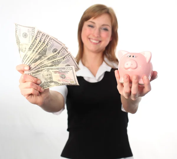 Uma mulher a poupar os seus dólares — Fotografia de Stock