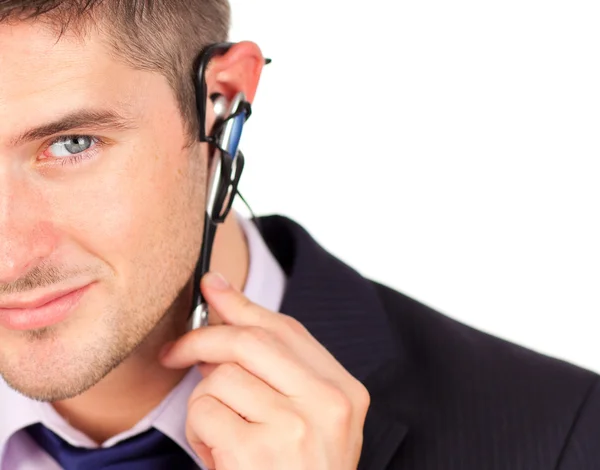 Man on headset looking at the camera — Stock Photo, Image