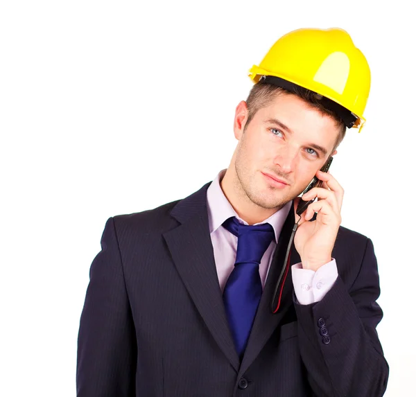 Byggarbetare pratar i telefon — Stockfoto