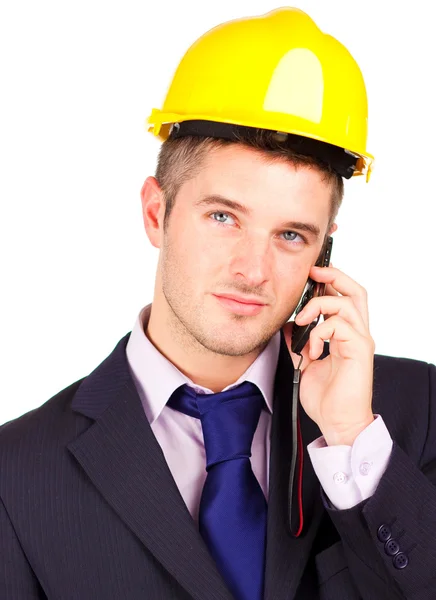 Építőmunkás beszél telefonon — Stock Fotó