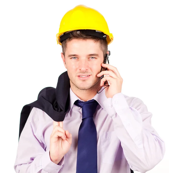 Byggarbetare pratar i telefon — Stockfoto