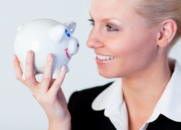 Business woman holding a piggy Bank — Stock Photo, Image