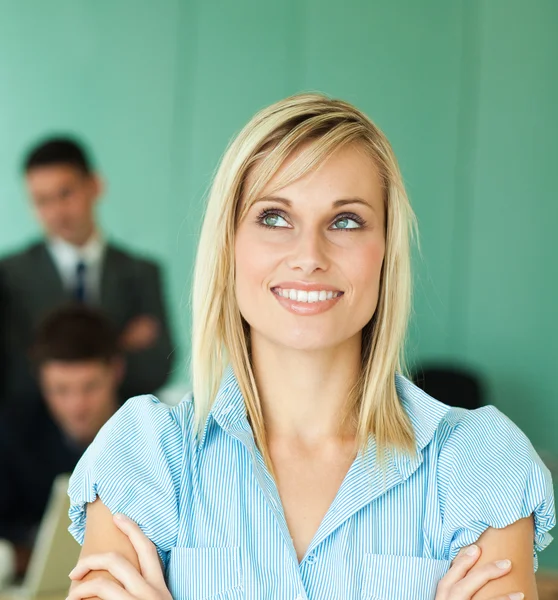 Businesswoman in front of an office with working — Stock Photo, Image