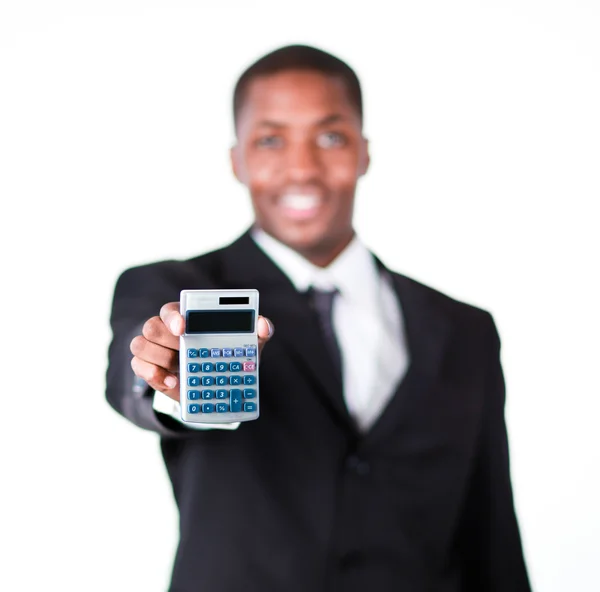 Närbild av en affärsman som innehar en miniräknare — Stockfoto