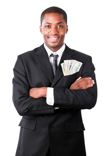 Pohledný podnikatel s dolary v kapse — Stock fotografie