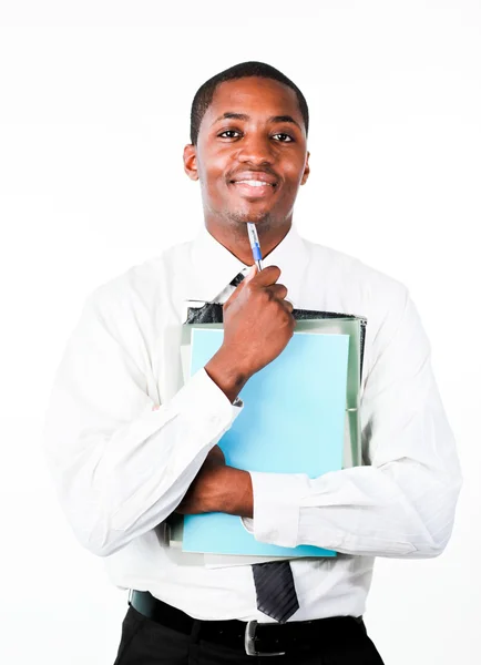 Handsome businessman holding folders — Stock Photo, Image