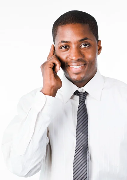 Närbild av en vänlig affärsman sett på en mobil — Stockfoto