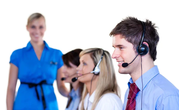 Businesspeople talking with headset — Stock Photo, Image