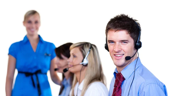 Businessman talking with headset — Stock Photo, Image