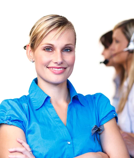 Beautiful businesswoman in a call center — Stock Photo, Image