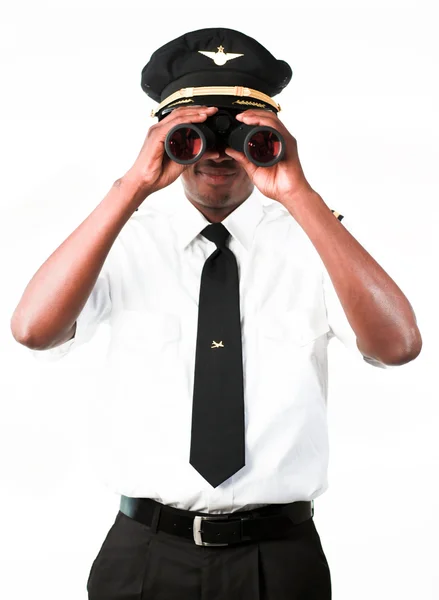 Pilot blickt durch Fernglas — Stockfoto