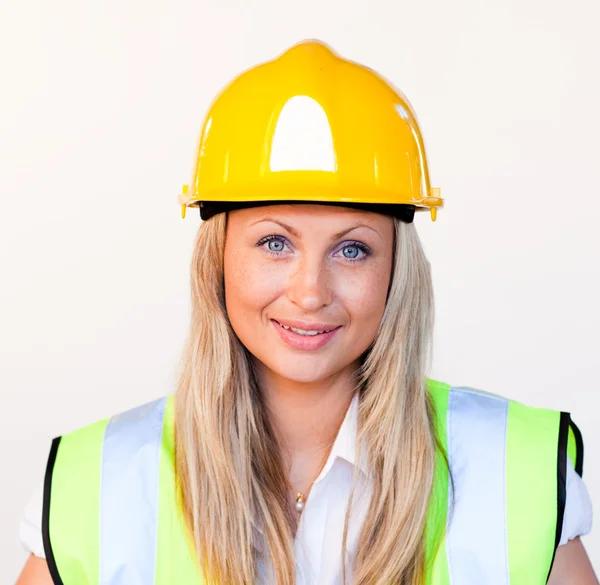 Blonde female with hard hat on — Stock Photo, Image