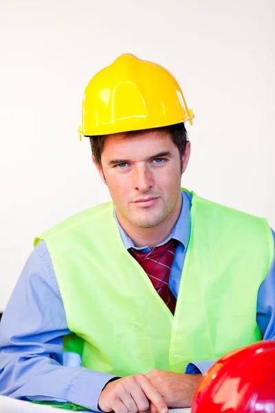 Serious male with hard hat — Stock Photo, Image