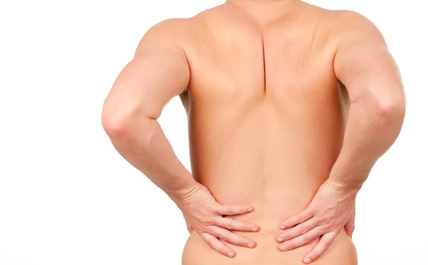 Mann zeigt, dass er Rückenschmerzen hat — Stockfoto