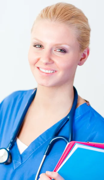 Young happy doctor holding a folder — Stock Photo, Image