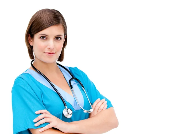 Självsäker kvinnliga läkare fällbara vapen — Stockfoto