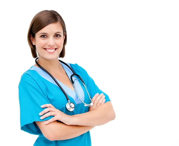 Fiducioso medico femminile braccia pieghevoli — Foto Stock