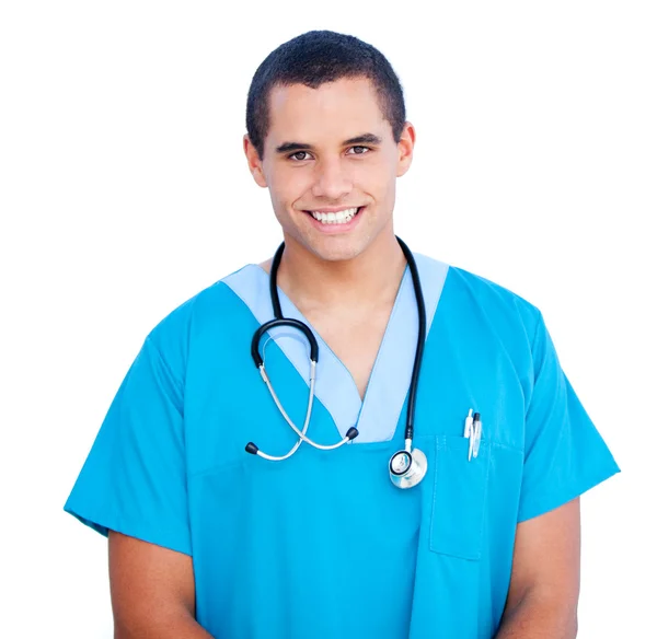 Portrait of self-assured male doctor wearing blue uniform — Stock Photo, Image