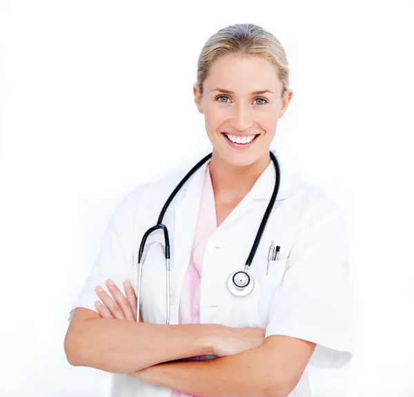 Caucasian female doctor folding arms — Stock Photo, Image