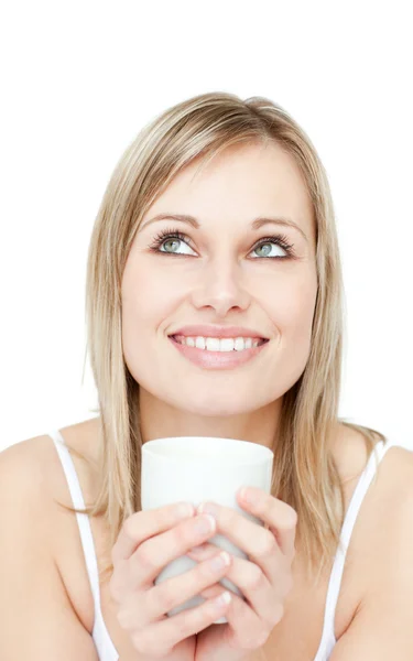Portret młodej kobiety picie kawiarnia — Zdjęcie stockowe