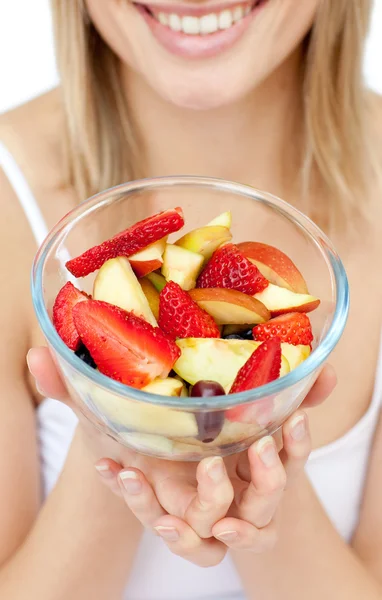 Close-up of a woman holding a fruit salad — Stock Photo, Image