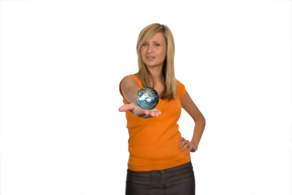 Beautiful woman showing a globe — Stock Photo, Image