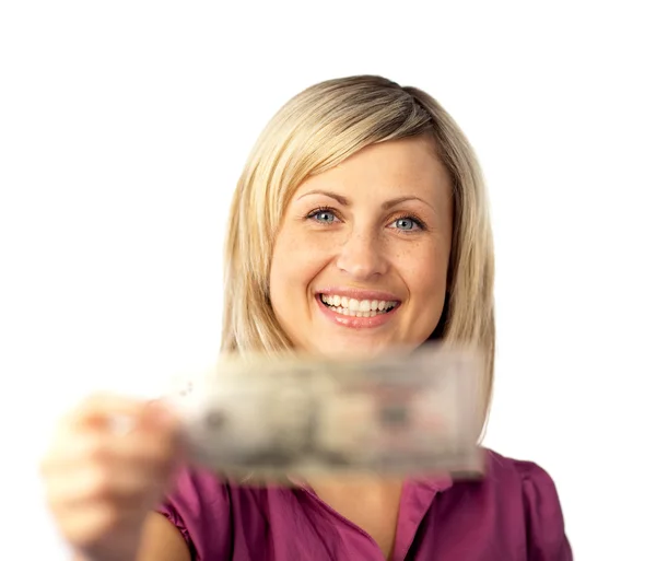 Glückliche Frau im Besitz von Dollars — Stockfoto