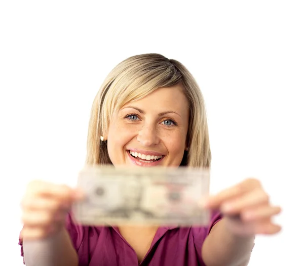 Mujer feliz sosteniendo dólares — Foto de Stock