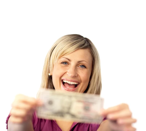 Ευτυχισμένη γυναίκα εκμετάλλευση δολάρια — Φωτογραφία Αρχείου