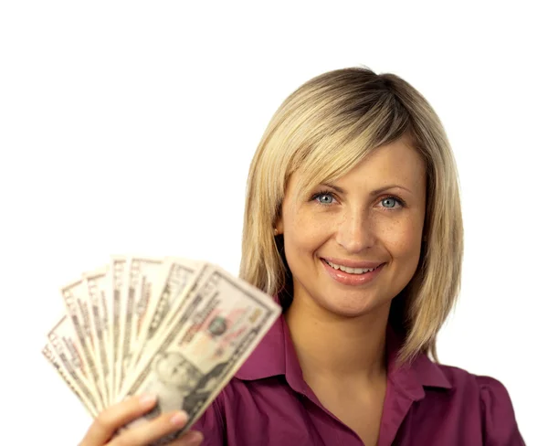 Happy woman holding dollars — Stock Photo, Image