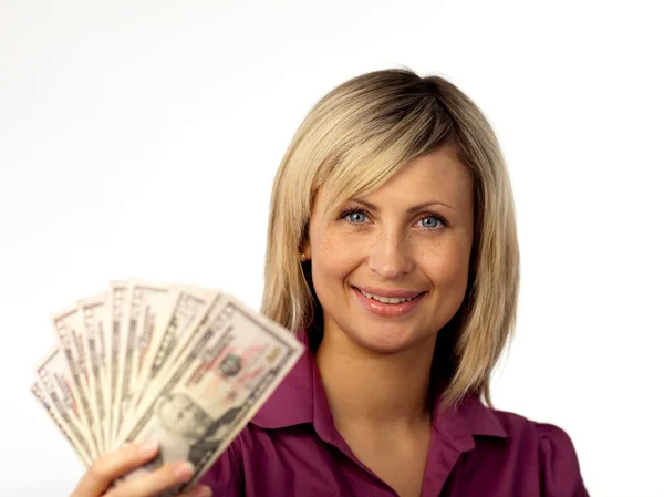 Happy woman holding dollars — Stock Photo, Image