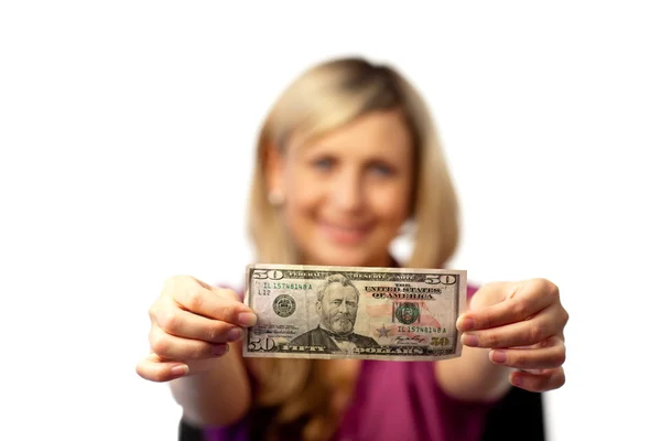 Счастливая женщина с долларами — стоковое фото