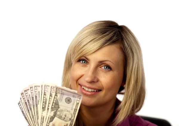 Femme heureuse tenant des dollars — Photo