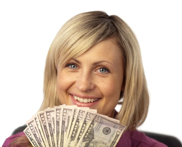 Femme heureuse tenant des dollars — Photo