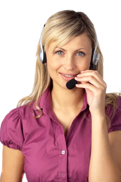 Joven mujer de negocios hablando con un auricular — Foto de Stock
