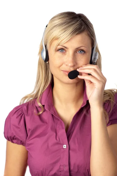 Ung affärskvinna talar på ett headset — Stockfoto