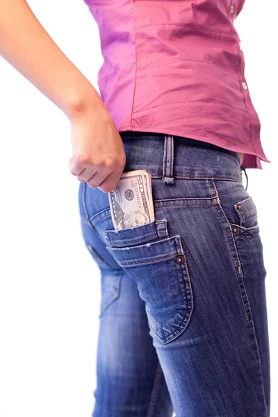 Жінка з доларами в кишені — стокове фото