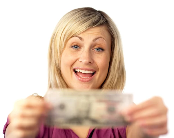 Donna felice in possesso di dollari — Foto Stock