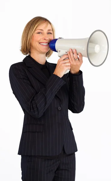 Madura mujer de negocios con un megáfono — Foto de Stock