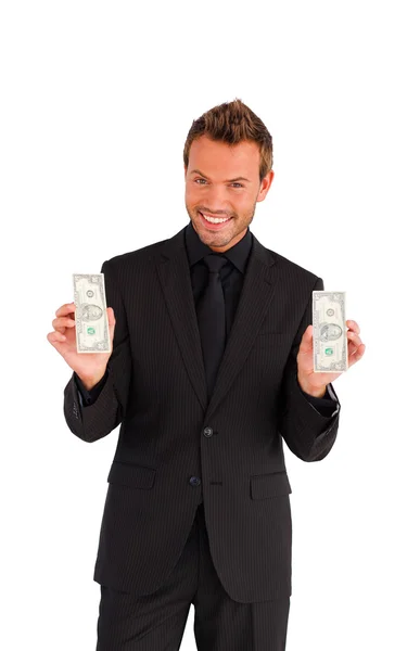 Empresário feliz segurando dinheiro — Fotografia de Stock