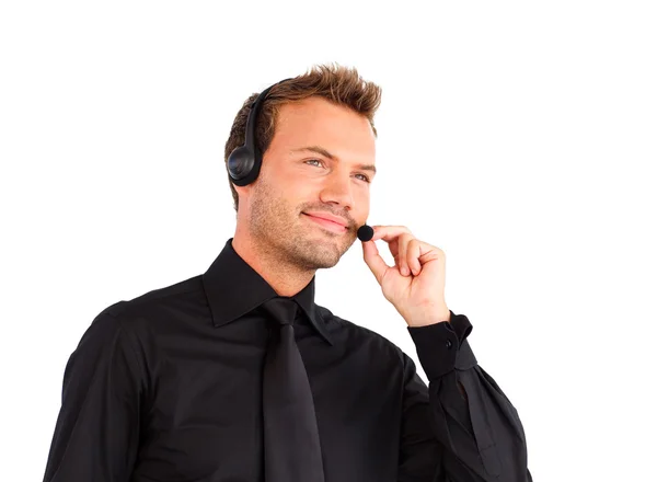 Üzletember dolgozik a fülhallgatóval — Stock Fotó
