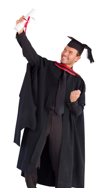 Lycklig pojke firar med framgång sin examen — Stockfoto