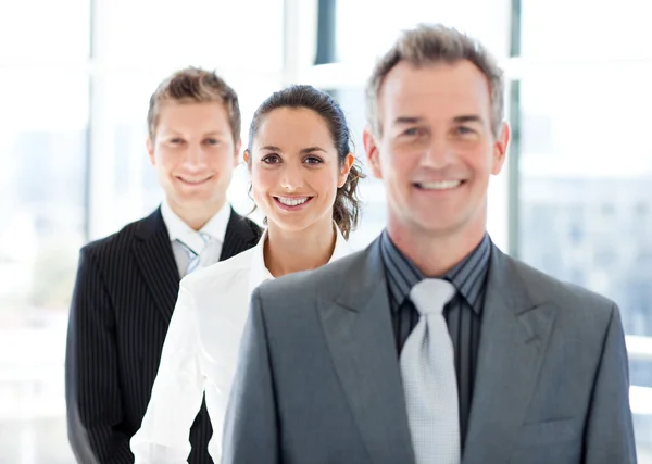 Lächelnde Geschäftsfrau mit ihrem Team im Fokus — Stockfoto