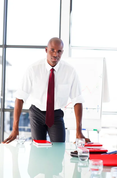 Young confident businessman after giving a presentation — Stock Photo, Image