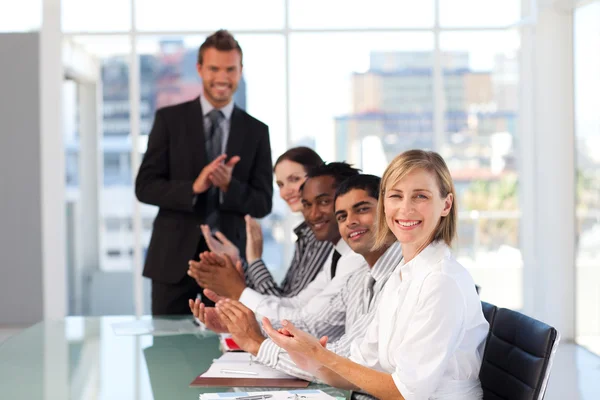 Happy manager clapping in a presentation — Stock Photo, Image