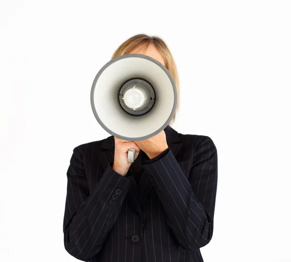 Närbild av en affärskvinna med en megafon dölja hennes ansikte — Stockfoto