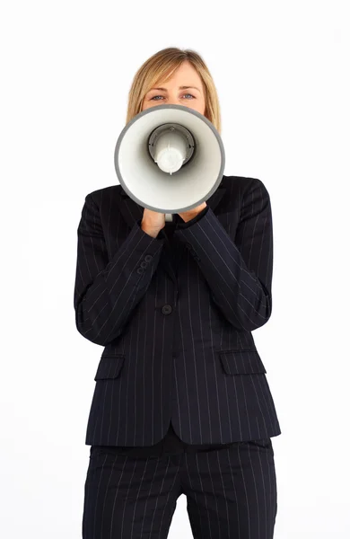 Madura mujer de negocios sosteniendo un megáfono — Foto de Stock