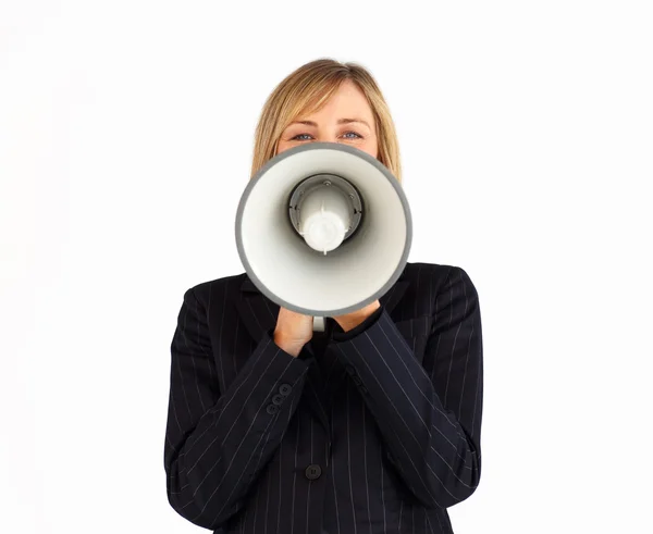 Gros plan d'une femme d'affaires manager avec un mégaphone — Photo